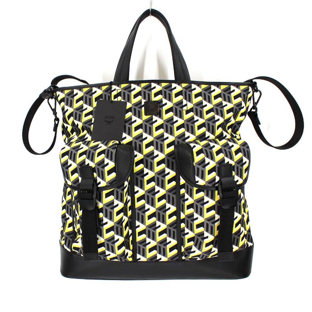 MCM Large Cubic Tote Bag Yellow Monogram Black Leather Trim Shoulder Crossbody